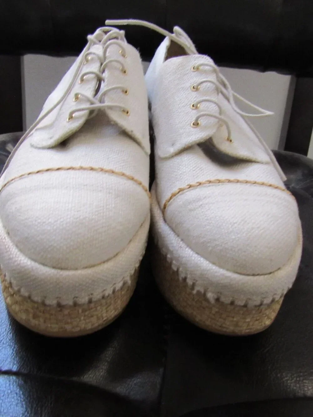STUART WEITZMAN Mantra Ivory Linen Lace Up Oxford Platform Espadrilles Sz 7.5